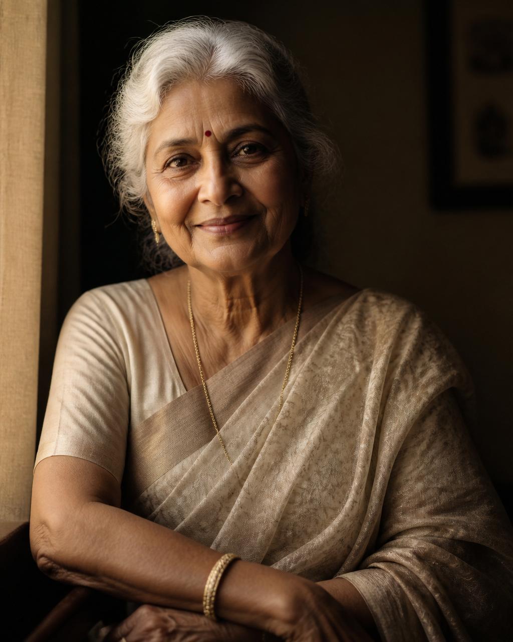 A warm portrait of an elderly Indian woman with silver hair in a soft saree