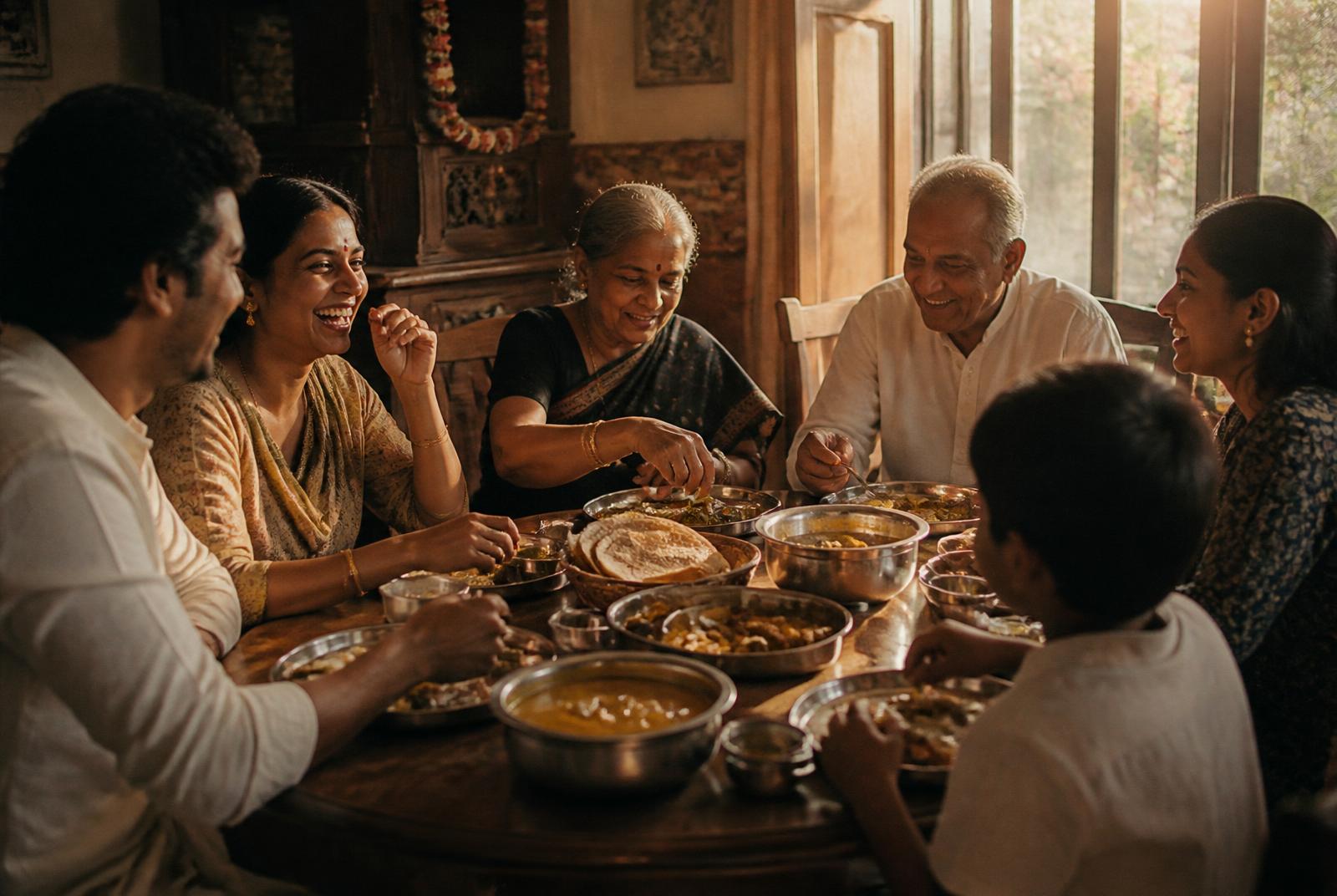 Multigenerational South Asian family sharing a vegetarian meal