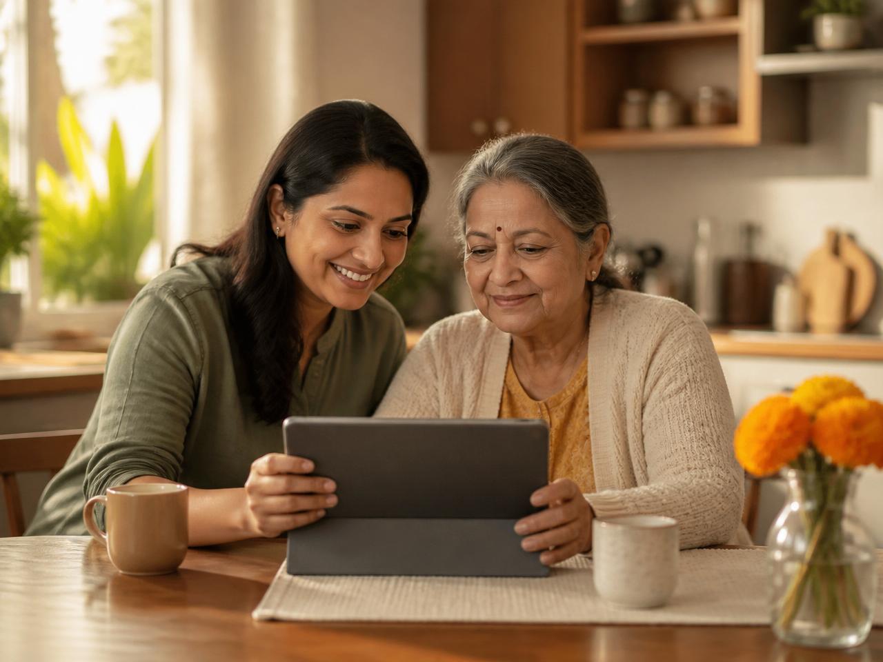 An Indian daughter sitting with her elderly mother at a kitchen table, looking at a tablet during a telehealth visit